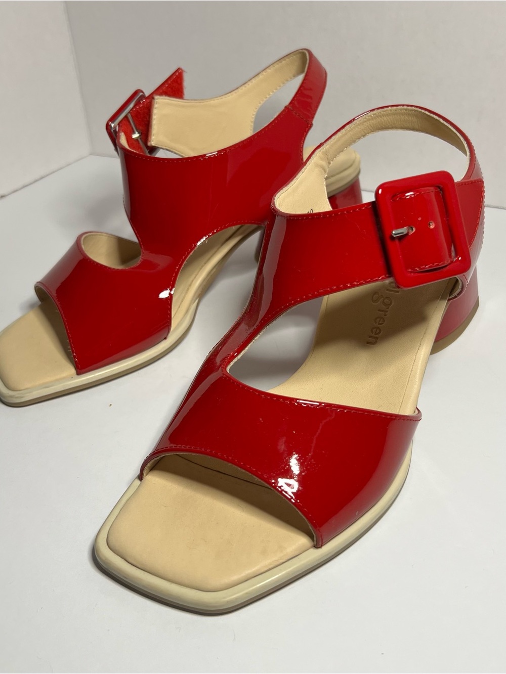 Paul Green Red Patent Open-Toe Buckle Block Heel Sandals